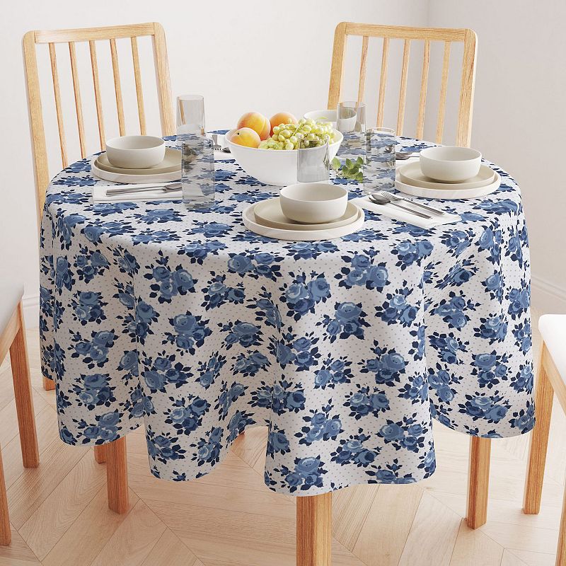 Round Tablecloth， 100% Polyester， 70 Round， Blue Floral and Dots