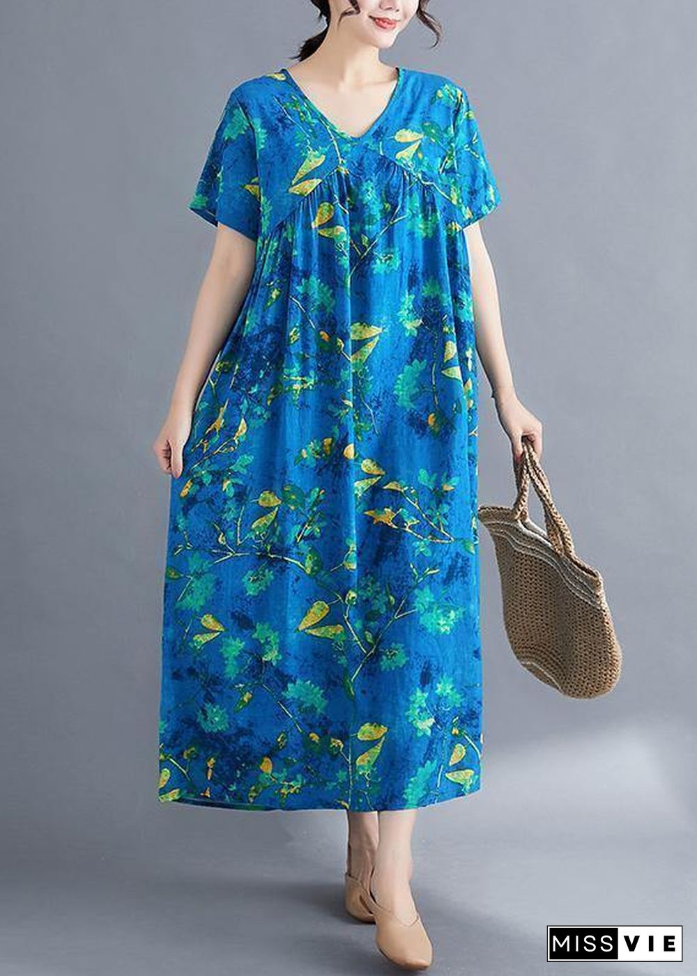 Italian v neck Cinched linen Wardrobes pattern blue print Dresses summer