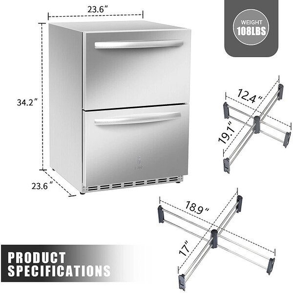 YUKOOL Stainless Steel Undercounter Refrigerator， Undercounter Drawer Refrigerator With Digital Display