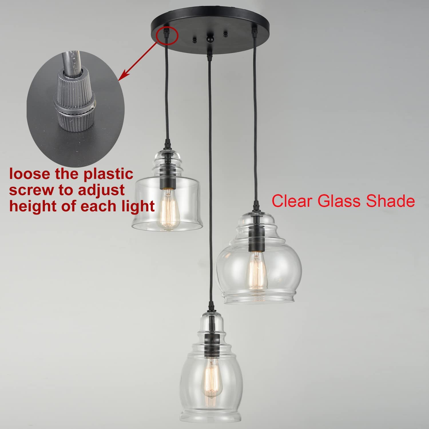 Claxy Glass Light 3-Light Black Industrial Clear Glass Jar Pendant Light