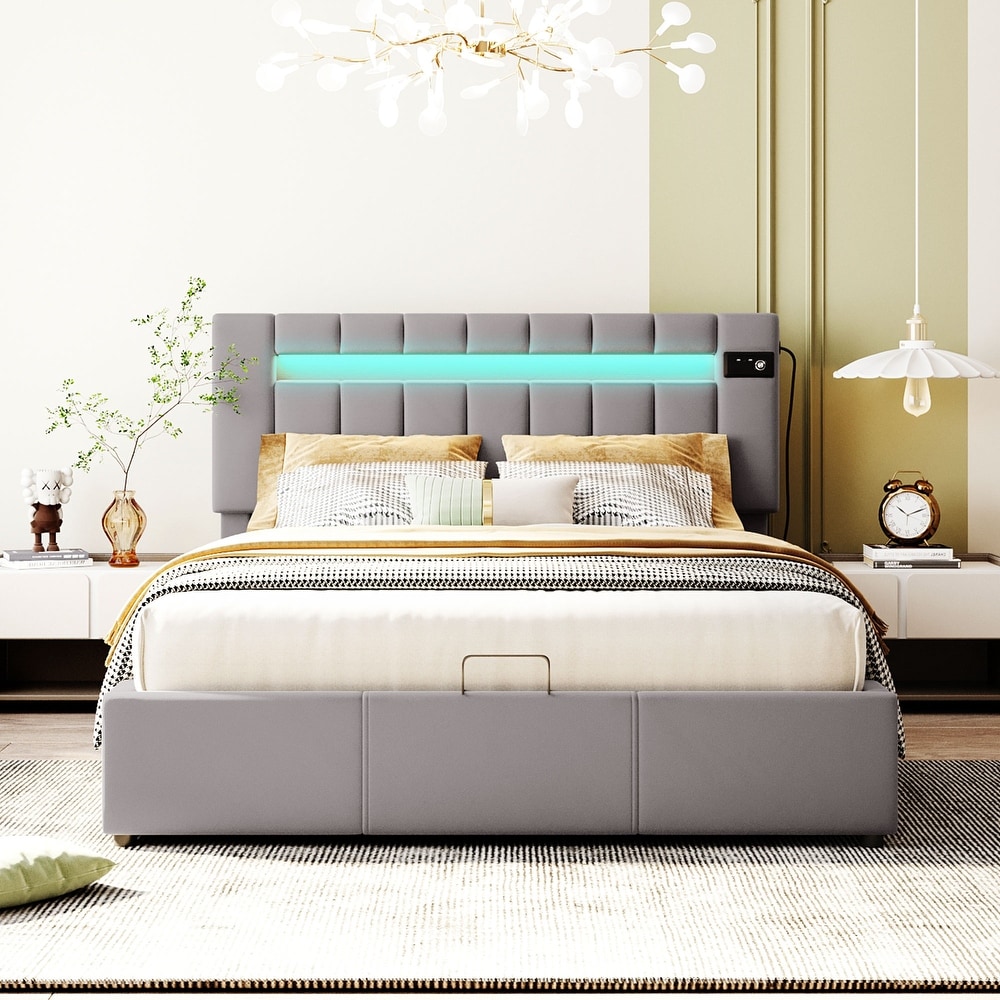 Upholstered Hydraulic Storage Platform Bed with LED Light  Bluetooth Player   USB Charging