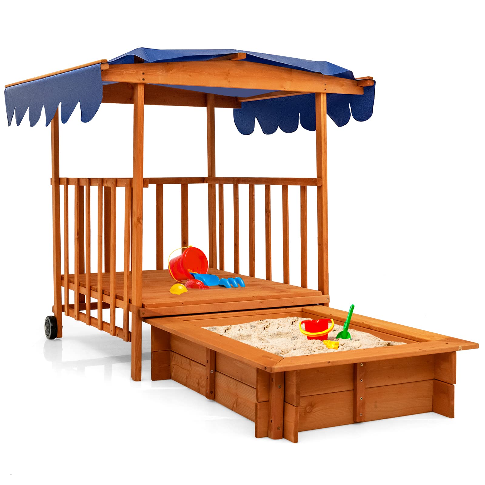 Costzon Kids Retractable Sandbox with Canopy, with Large Play Area, Rear Wheels, Guardrails, Children Outdoor Playset