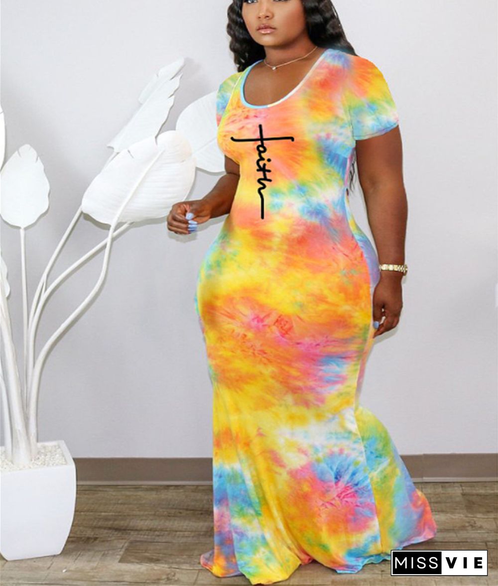 Tie Dye Short Sleeve Floor Length Plus Size Dress