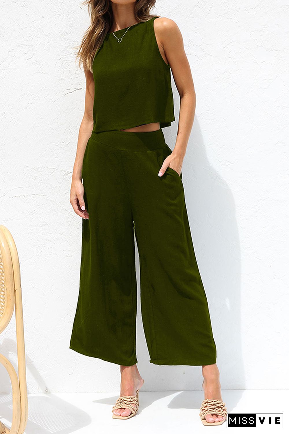 Plain Lien Tank Top With Wide Leg Pants 2pcs Set