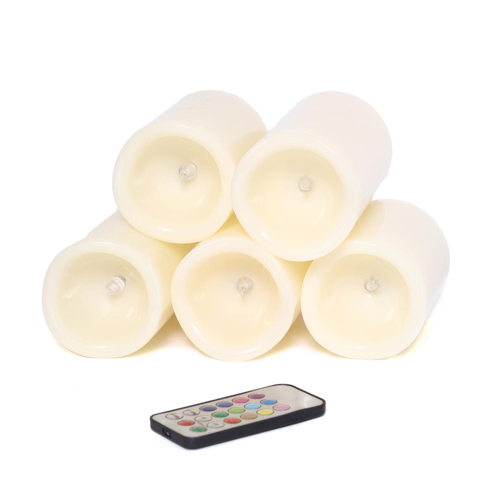 Set of 5 Ivory Flickering Flameless LED Pillar Candles, Color Changing Battery Operated Candles With Remote 4