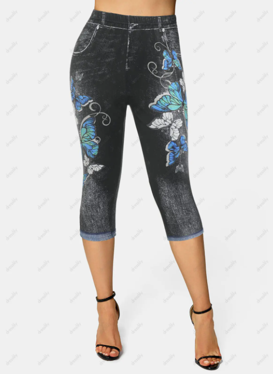 Daisy Print Surplice Short Sleeve T Shirt And Skinny Butterfly 3D Print Cropped Jeggings Outfit