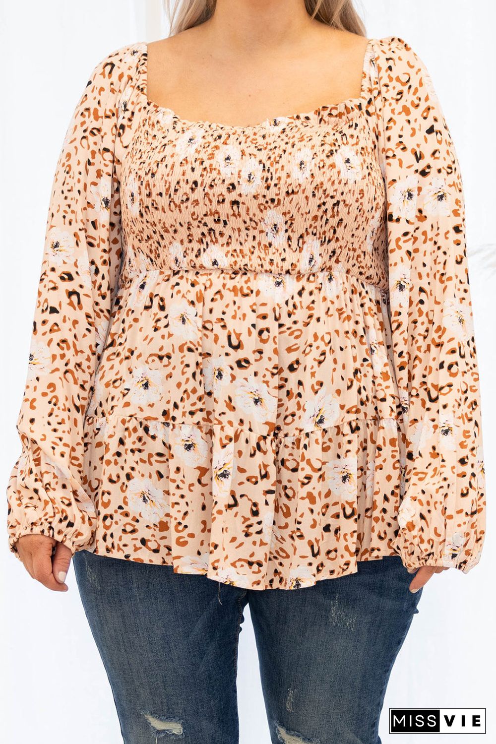 Khaki Square Neck Floral Leopard Smocked Bust Plus Size Blouse