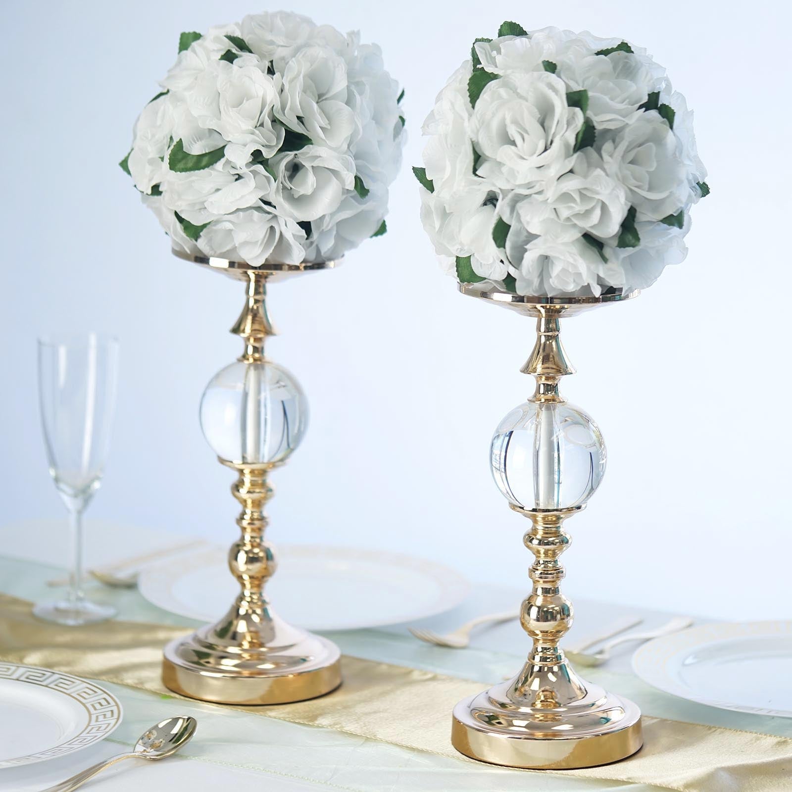 Efavormart 2 Pack 13 Tall Gold Metallic Floral Vase Riser Pillar Candle Holder With Acrylic Ball Centerpiece For Weddings