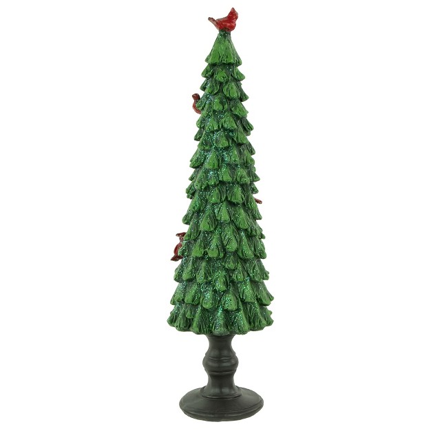 Green Glittered Christmas Tree With Red Cardinals Decoration