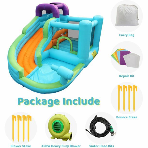 New Inflatable Bounce House, 420D Oxford Cloth PVC Bouncy Castle Blue (Slide/Pool/Trampoline/Water Gun) - Including Blower