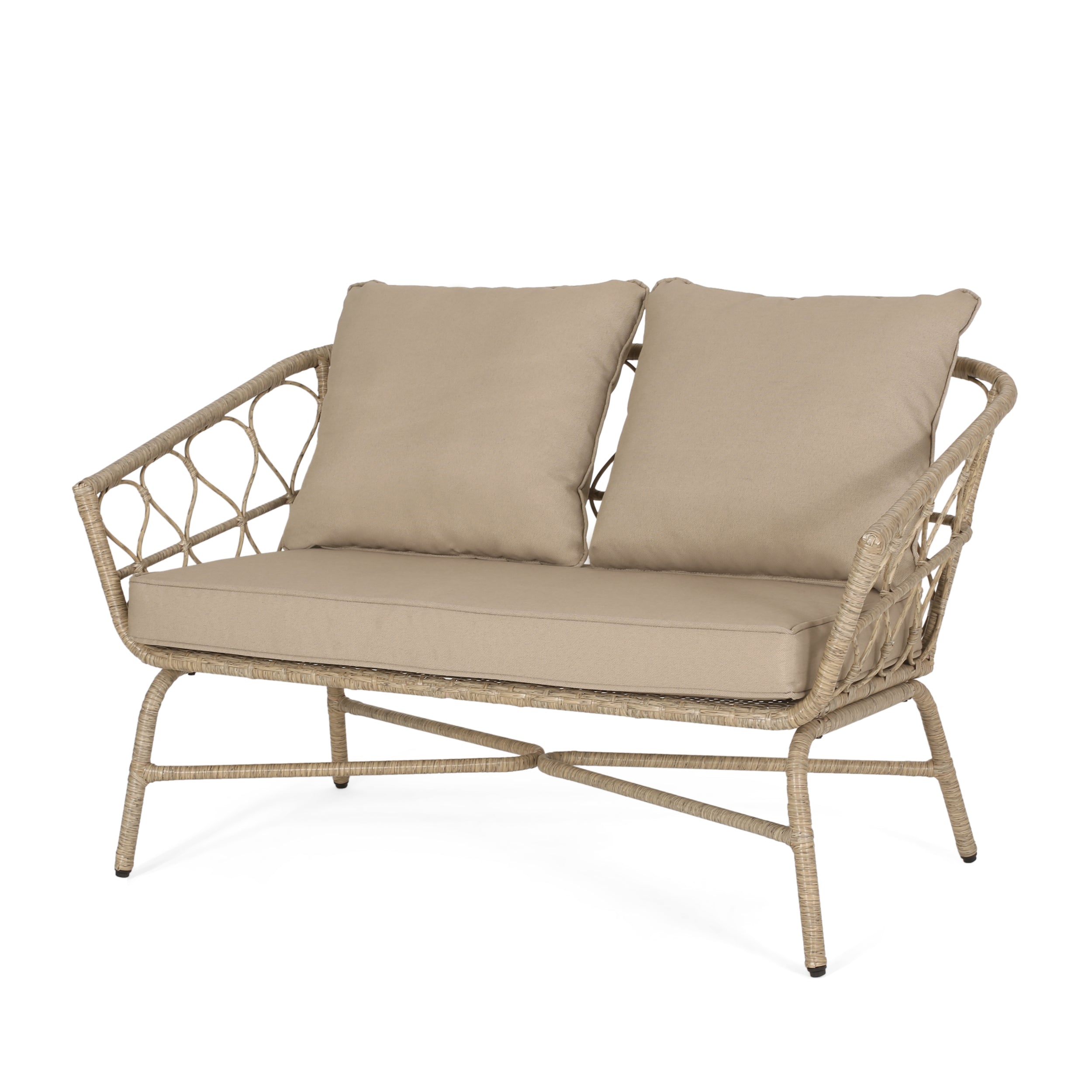 Colmar Outdoor Wicker Loveseat with Cushions, Light Brown and Beige