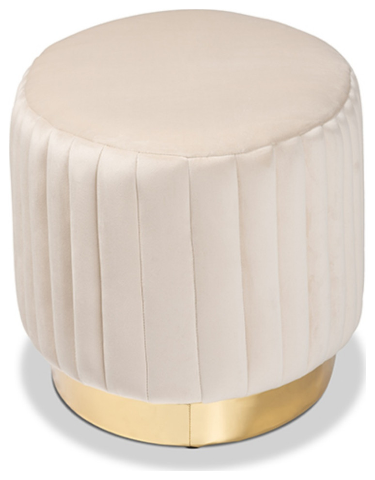 Kirana Glam and Luxe Beige Velvet Fabric Upholstered and Gold PU Leather Ottoman   Contemporary   Footstools And Ottomans   by Fratantoni Lifestyles  Houzz