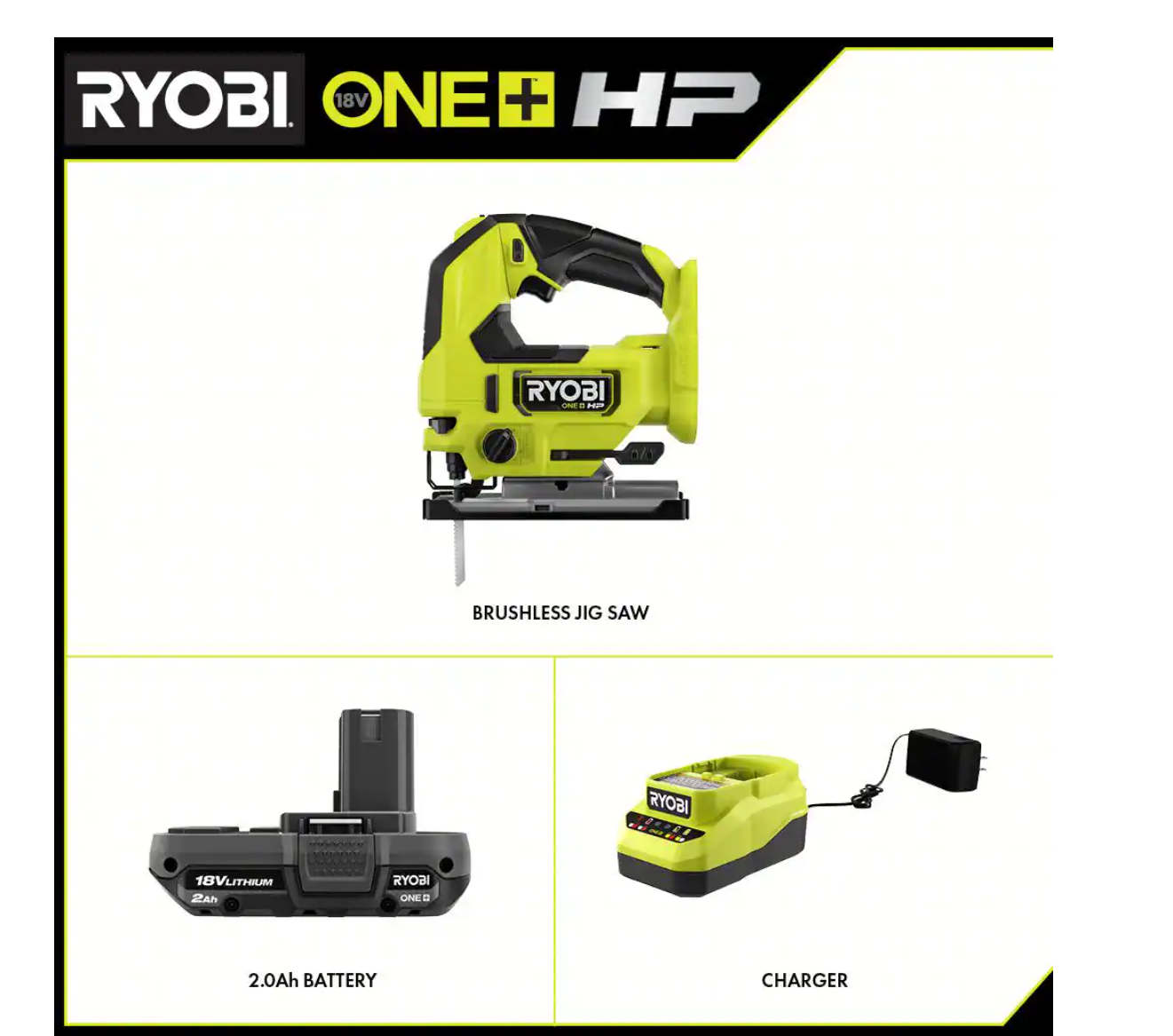 RYOBI PBLJS01B-PSK005 ONE+ HP 18V Brushless Cordless Jig Saw with 2.0 Ah Battery and Charger