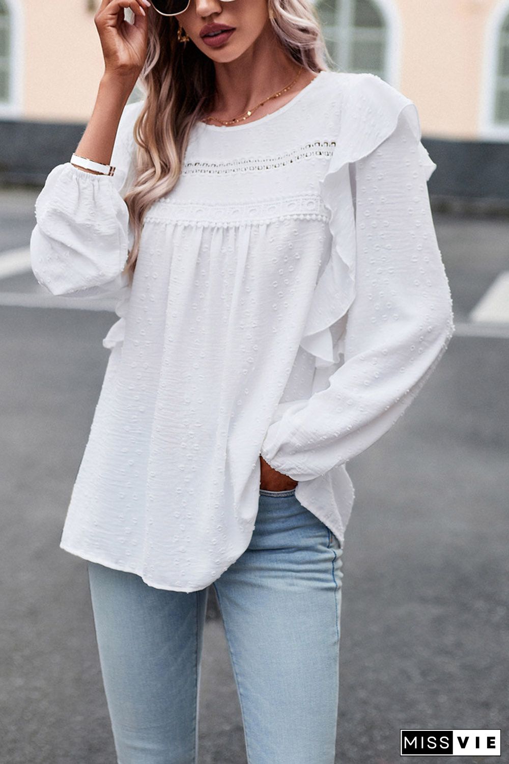 Lace Eyelet Ruffle Shoulder Long Sleeve Blouse