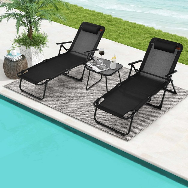 Costway 3pcs Patio Folding Chaise Lounge Chair Pvc Tabletop Set Outdoor Portable Beach