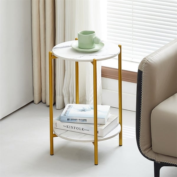 2-Tiers End Table with Marble Tabletop and Metal Frame