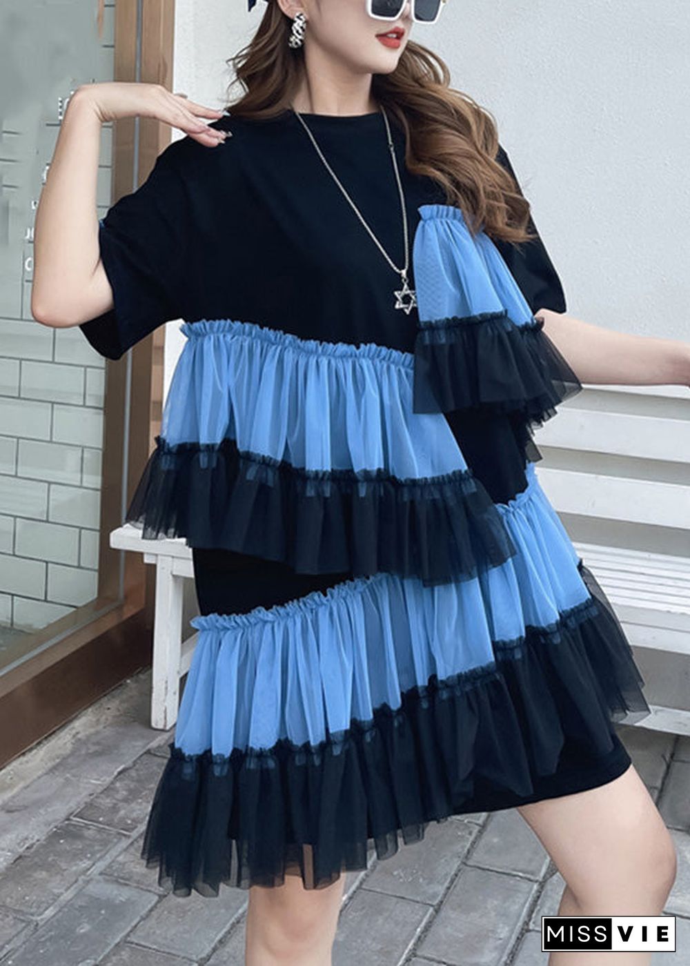 DIY Black O-Neck Wrinkled Tulle Patchwork Vacation Mid Dress Short Sleeve