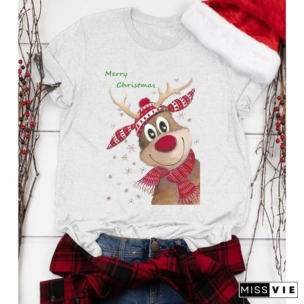 Christmas Women's Fashion Short Sleeve Casual O-neck Deer Ans Merry Christmas Printing Cotton T-shirt Tops