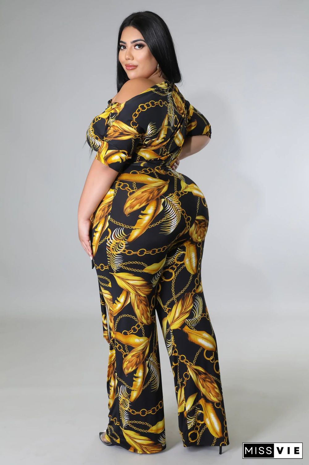 Off-the-shoulder Printed Plus Size Wide Leg Jumpsuit