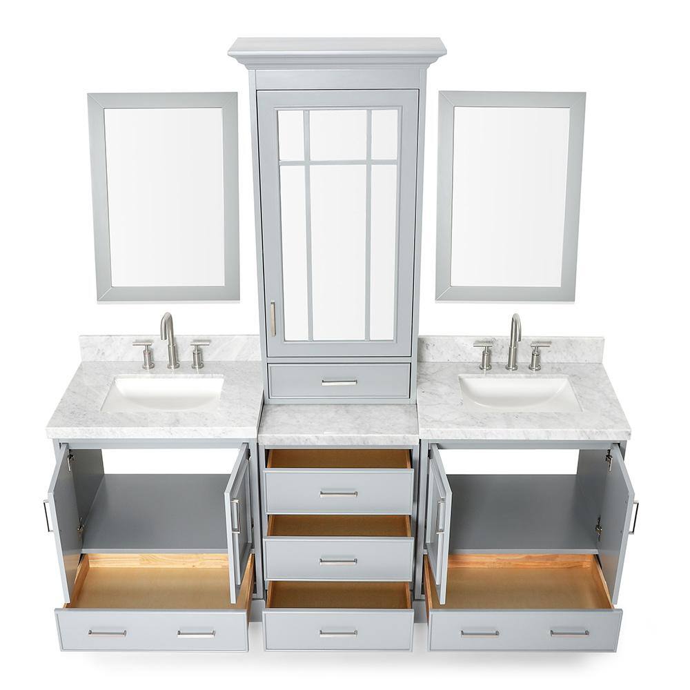 ARIEL Stafford 85 in. W x 22 in. D x 89 in. H Double Sinks Freestanding Bath Vanity in Grey with White Marble Tops and Mirrors M085DCWRGRY