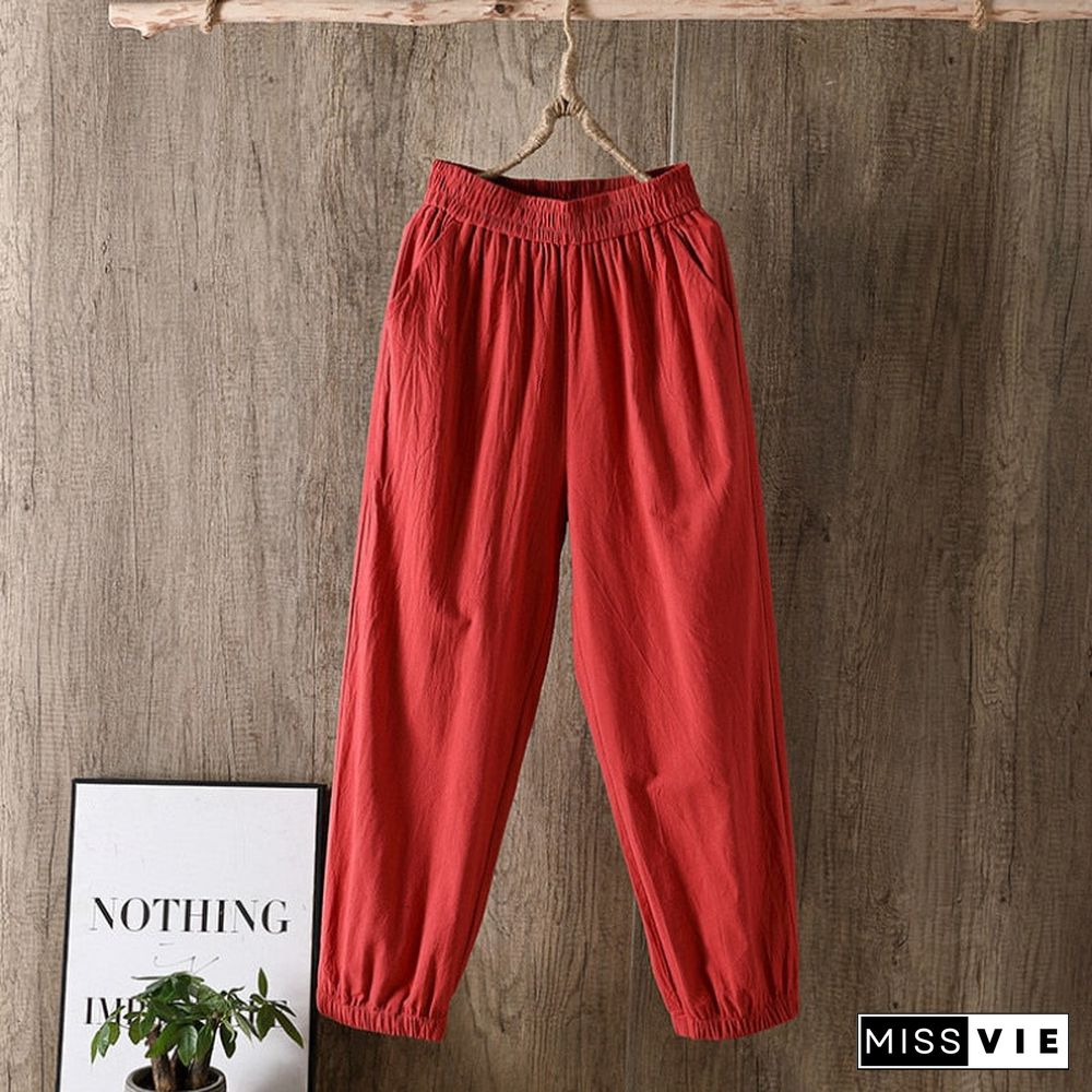 Casual Style Cotton Linen Pants Women Spring Summer New Elastic Waist Solid Basic Retro Loose Women'S Harem Pants Trousers