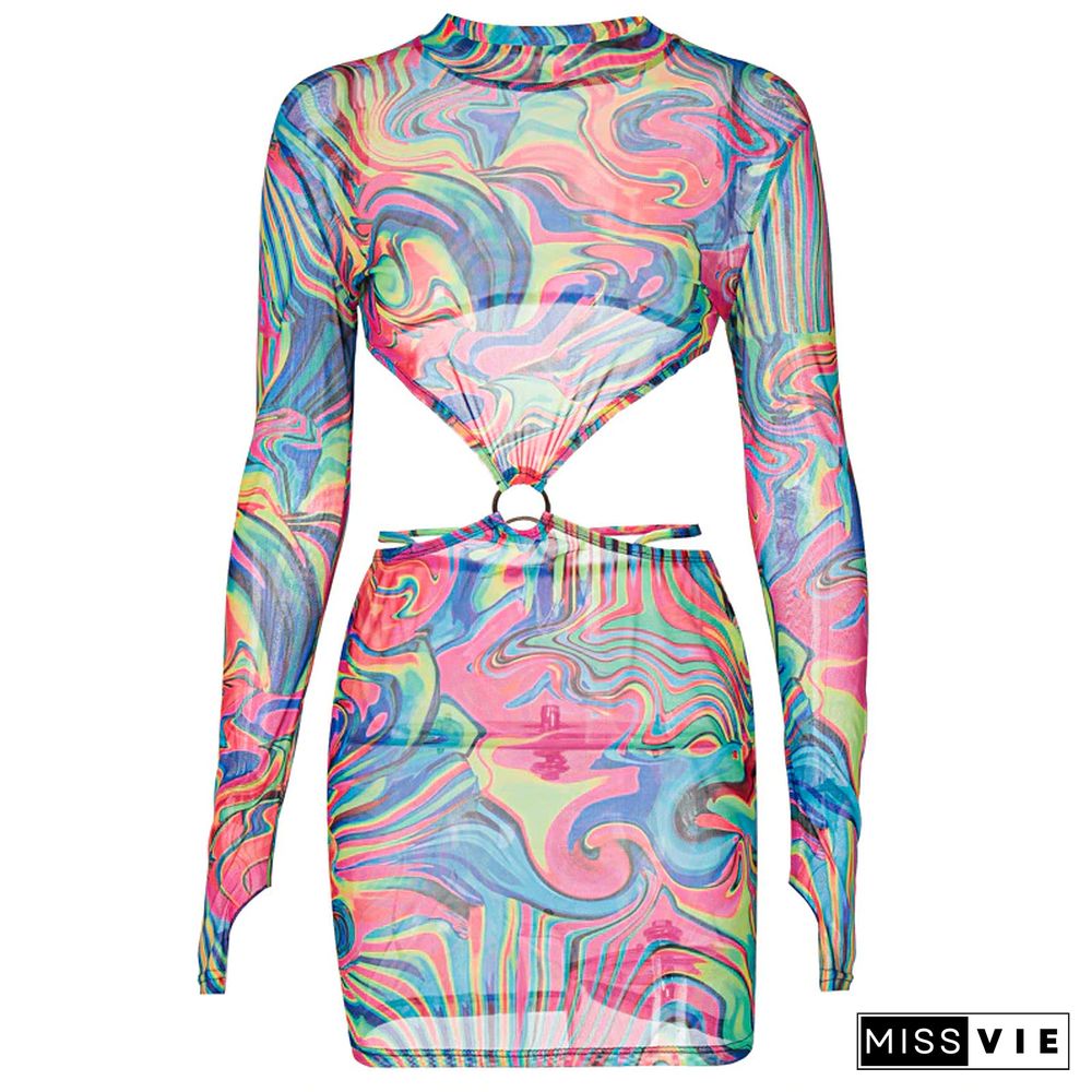 Printed Mesh Dress Women Spring Women's New Suit Skirt Waistless Sexy Long-sleeved Club Dress For Women Vestidos Mujer