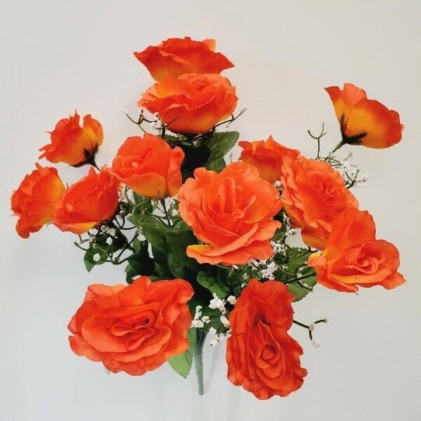 Orange Open Rose Bush Artificial Flower