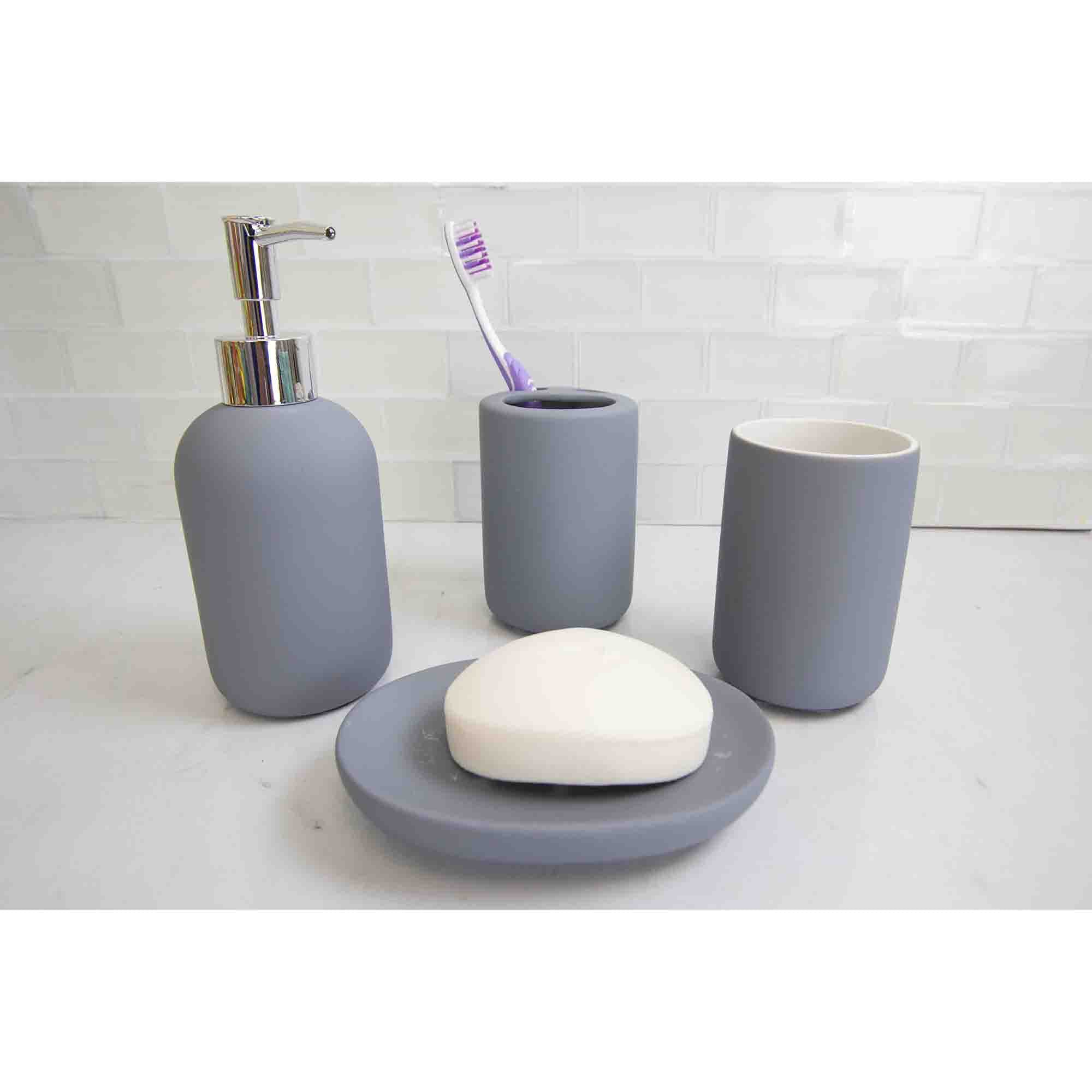 4 Piece Rubberized Ceramic Bath Accessory Set， Grey