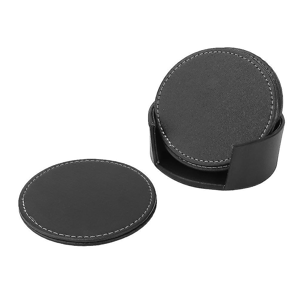 6pcs PU Leather Round Shape Cup Insulation Pad Coasters For Drink for Home Office(Black)