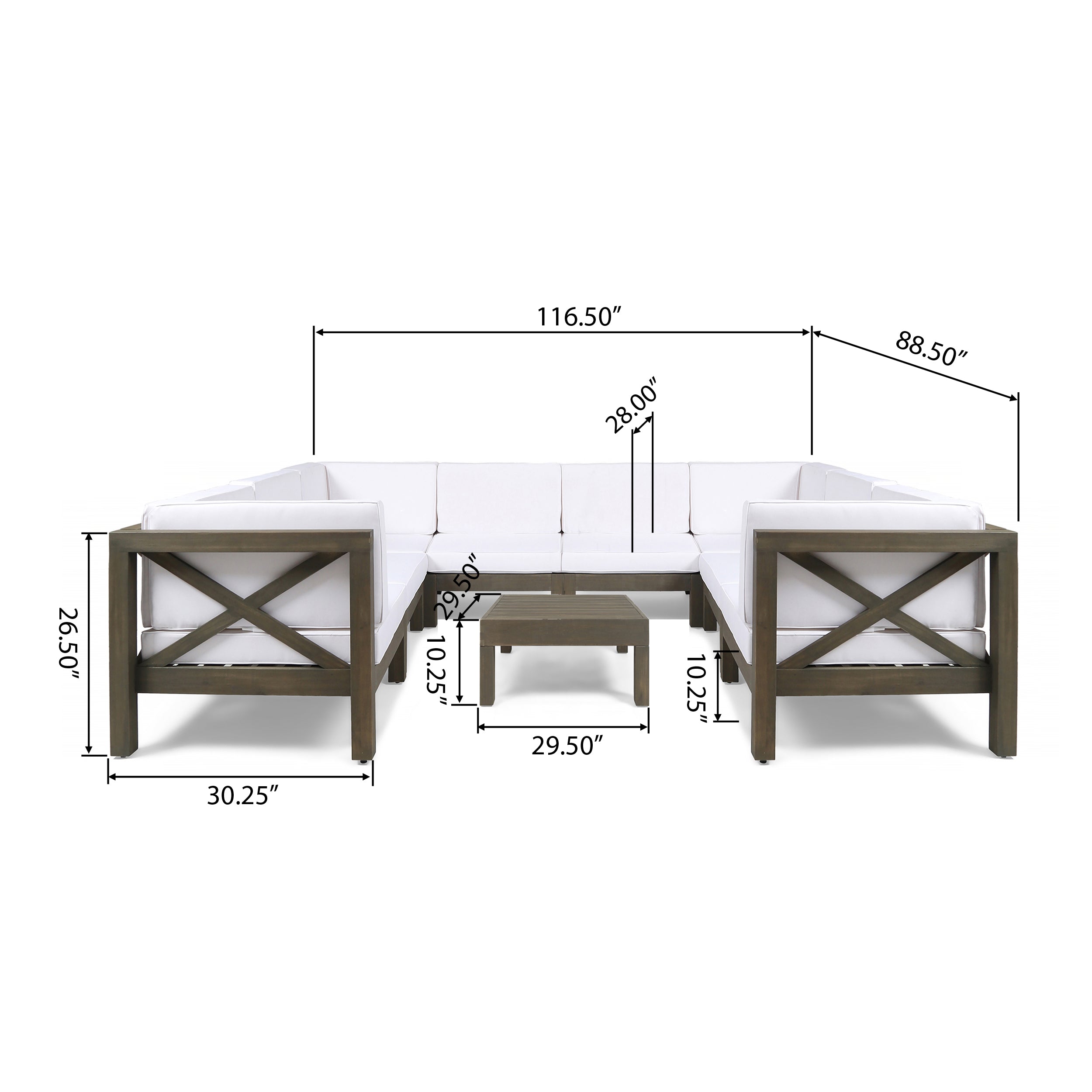 Keith Outdoor Acacia Wood 10 Seater U-Shaped Sectional Sofa Set with Two Coffee Tables