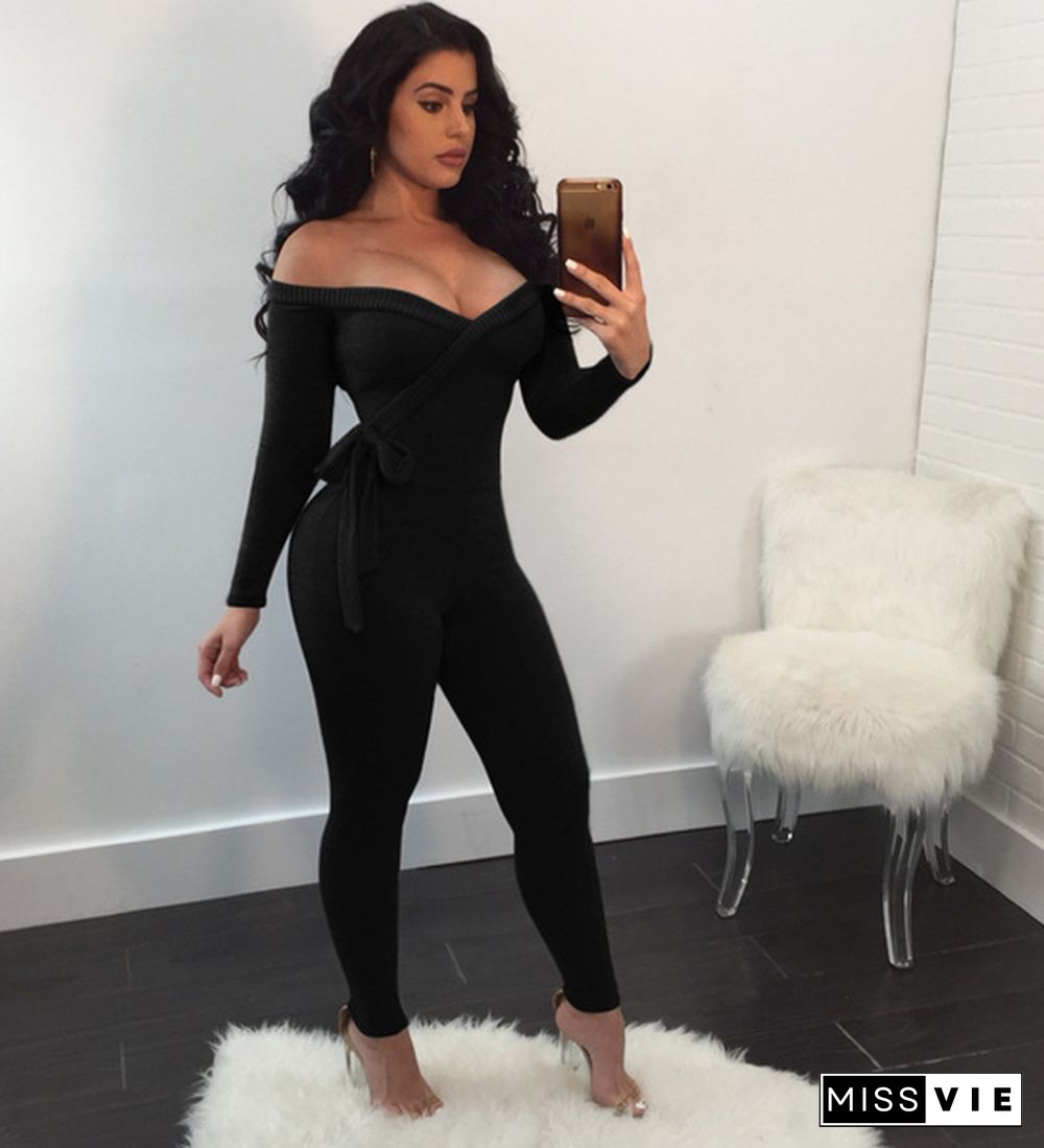 Jumpsuit Women Off Shoulder Bodycon Long Sleeve Clubwear Playsuit Jumpsuits Rompers Skinny Sexy Jumpsuits Female Black Trousers