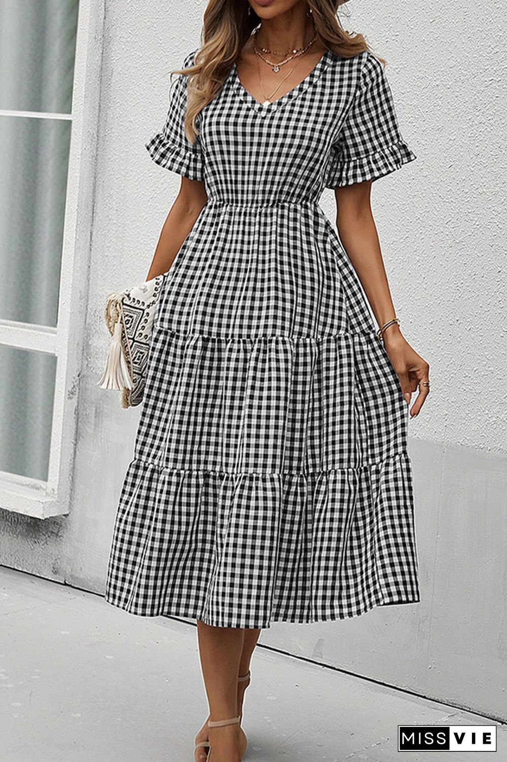 Plaid V-neck Short Sleeve Long Dress Wholesale