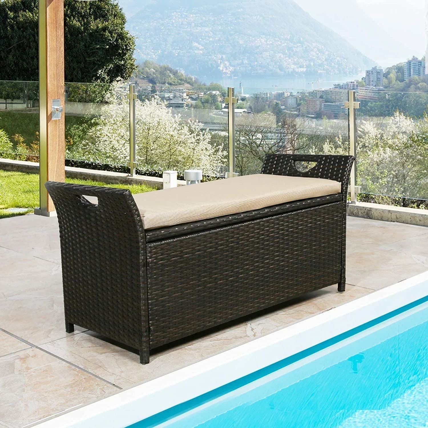 Patio Wicker Storage Bench Outdoor Rattan Deck Storage Box with Cushion