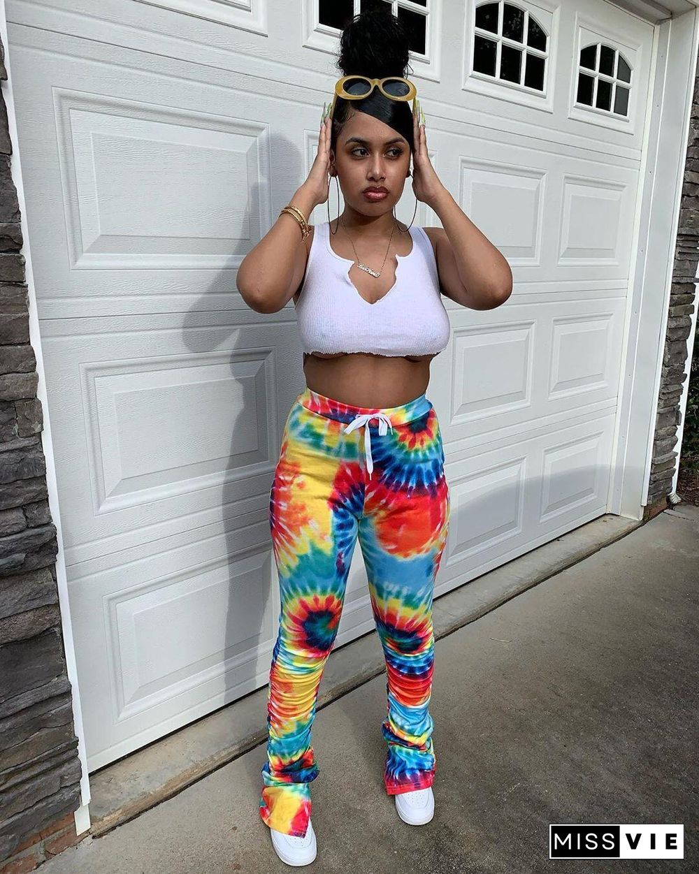 Tie Dye Skinny Lace Up Mid Waist Flare Pants