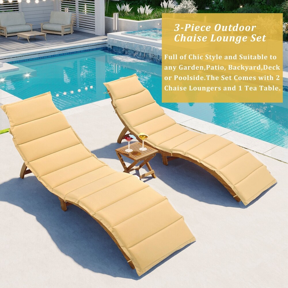 Poolside 3 Piece Wood Portable Extended Chaise Lounge Set with Foldable Tea Table