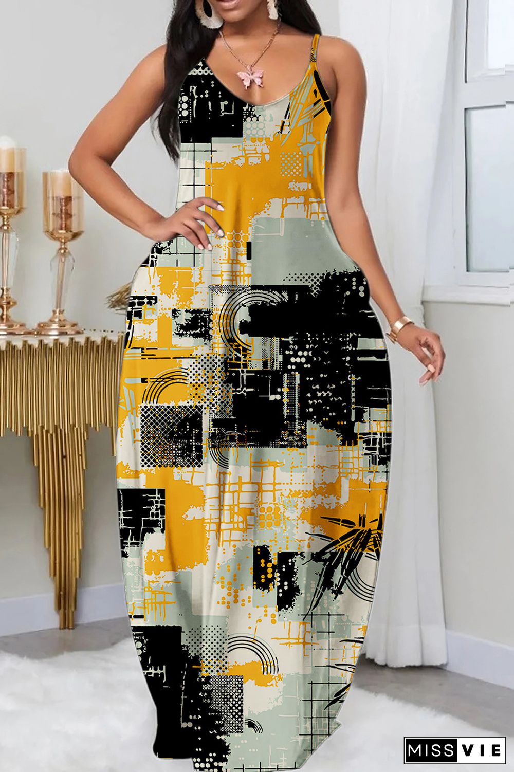 Sexy Casual Print Basic Spaghetti Strap Long Dress Dresses