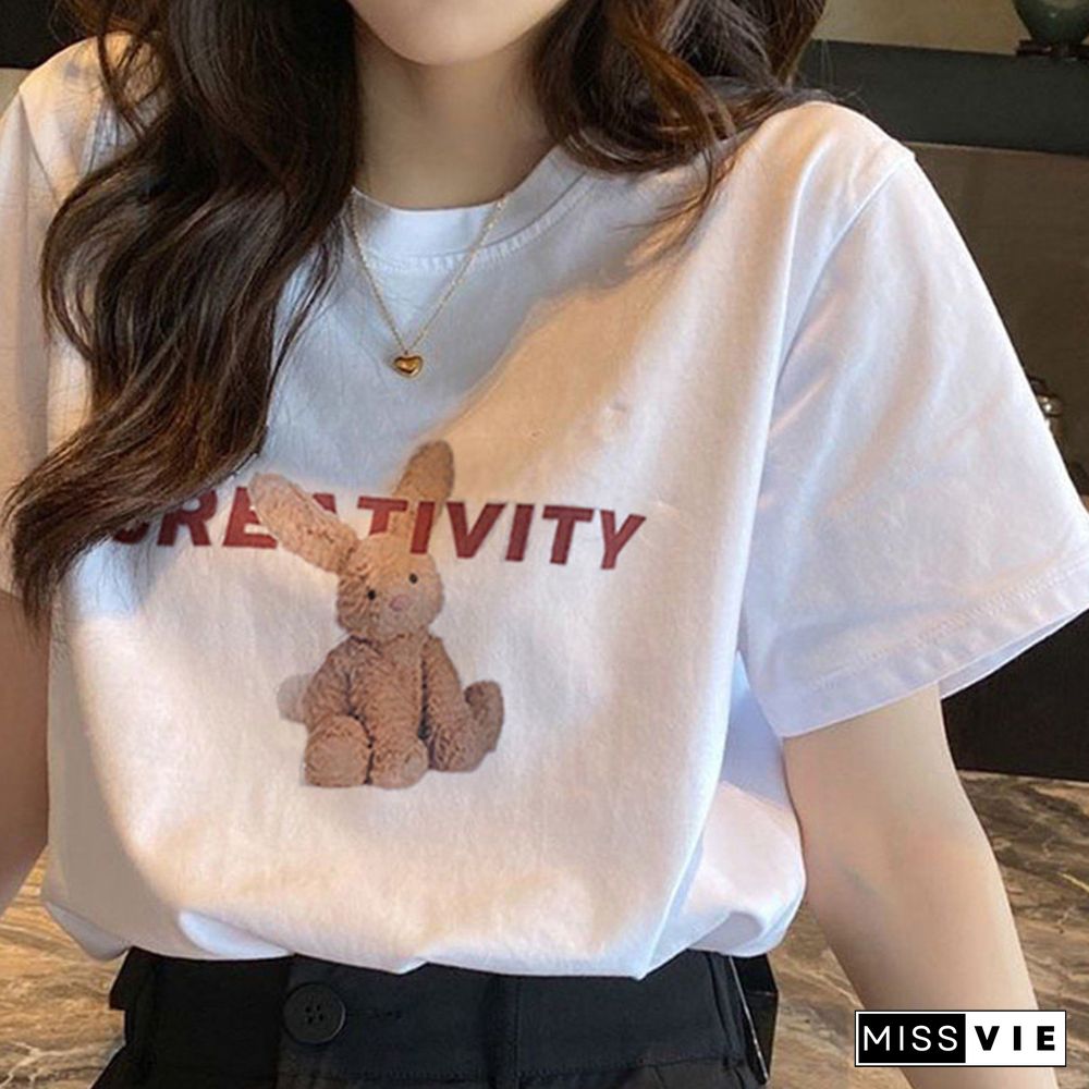 Cartoon Letter Print Round Collar Loose T-Shirt