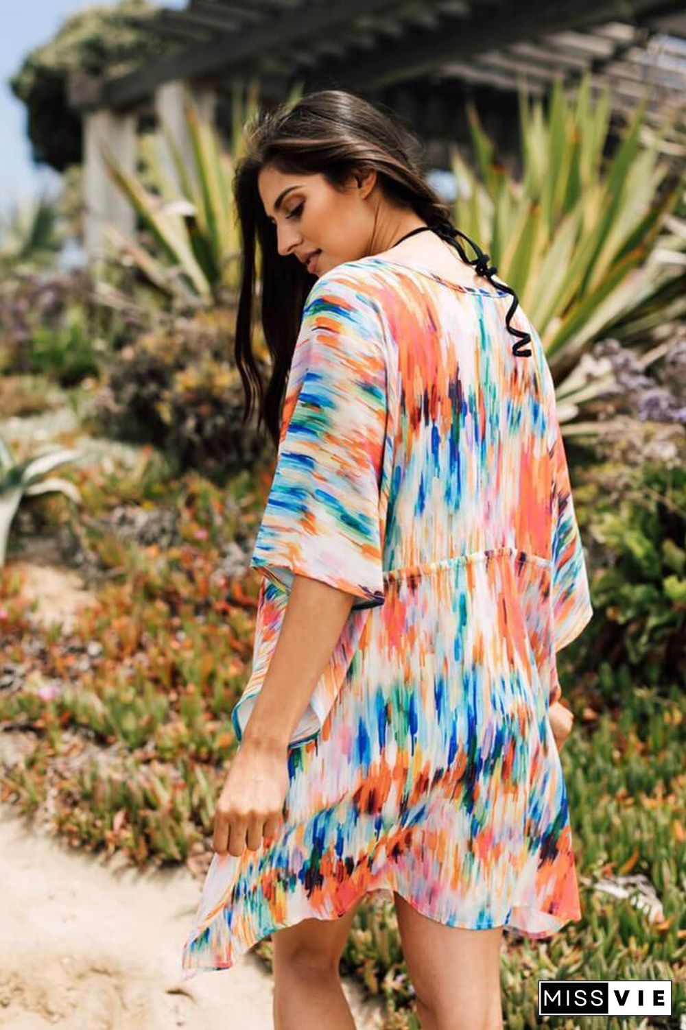 Colorful Tie Dye Drawstring Chiffon Cover Up