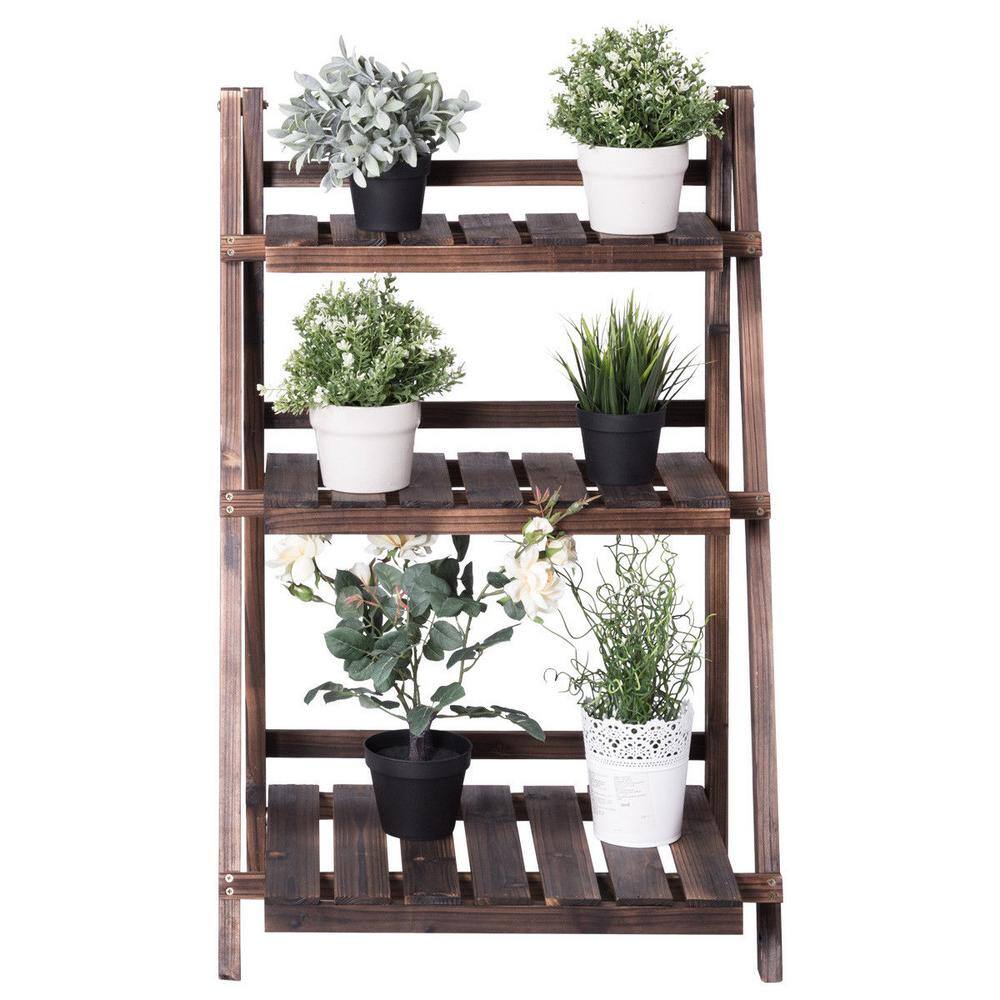 Costway 24 in. x 15 in. L x 37 in. Ladder Indoor Outdoor Brown Wood Plant Stand (3-Tiers) J9DD11