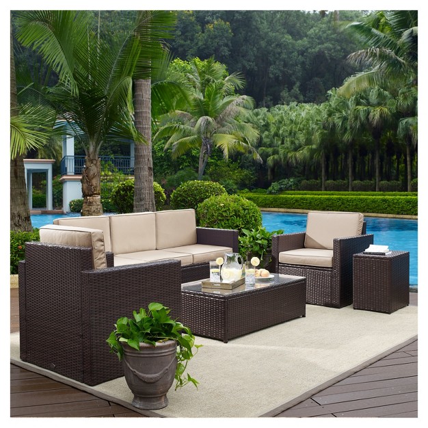 Palm Harbor 5pc All weather Wicker Patio Set Uv resistant Steel Frame Tempered Glass Tables Crosley