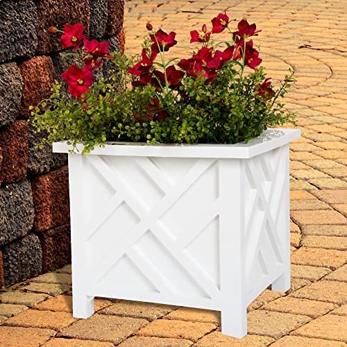 Planter Box – Decorative Outdoor Garden Box for Potted Plants or Flowers – Square Lattice Design – Front Porch and Patio Décor By Pure Garden (White)