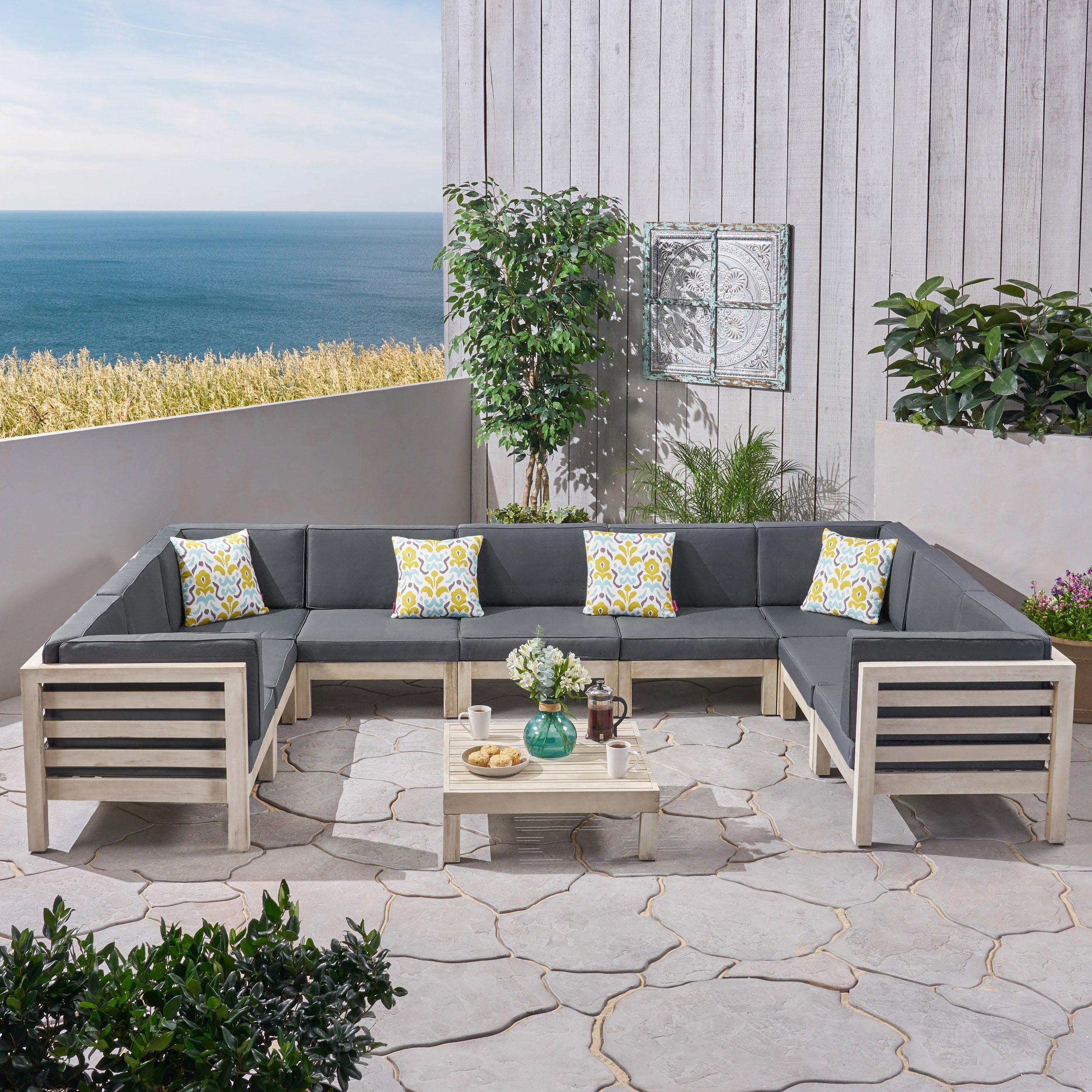 Ravello Outdoor 9 Seater Acacia Wood Sectional Sofa Set, Weathered Gray Finish and Dark Gray