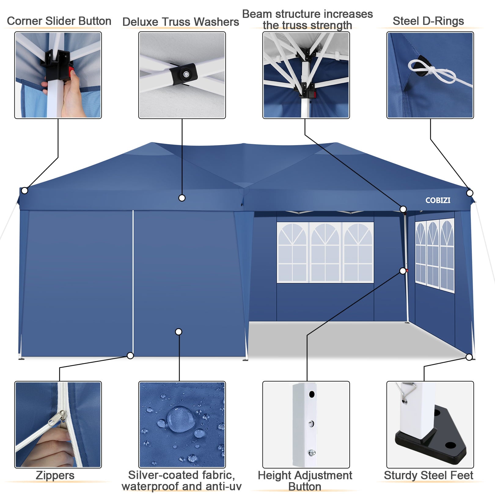 10' x 20' Canopy Tent EZ Pop Up Party Tent Portable Instant Commercial Heavy Duty Outdoor Market Shelter Gazebo with 6 Removable Sidewalls and Carry Bag, Blue