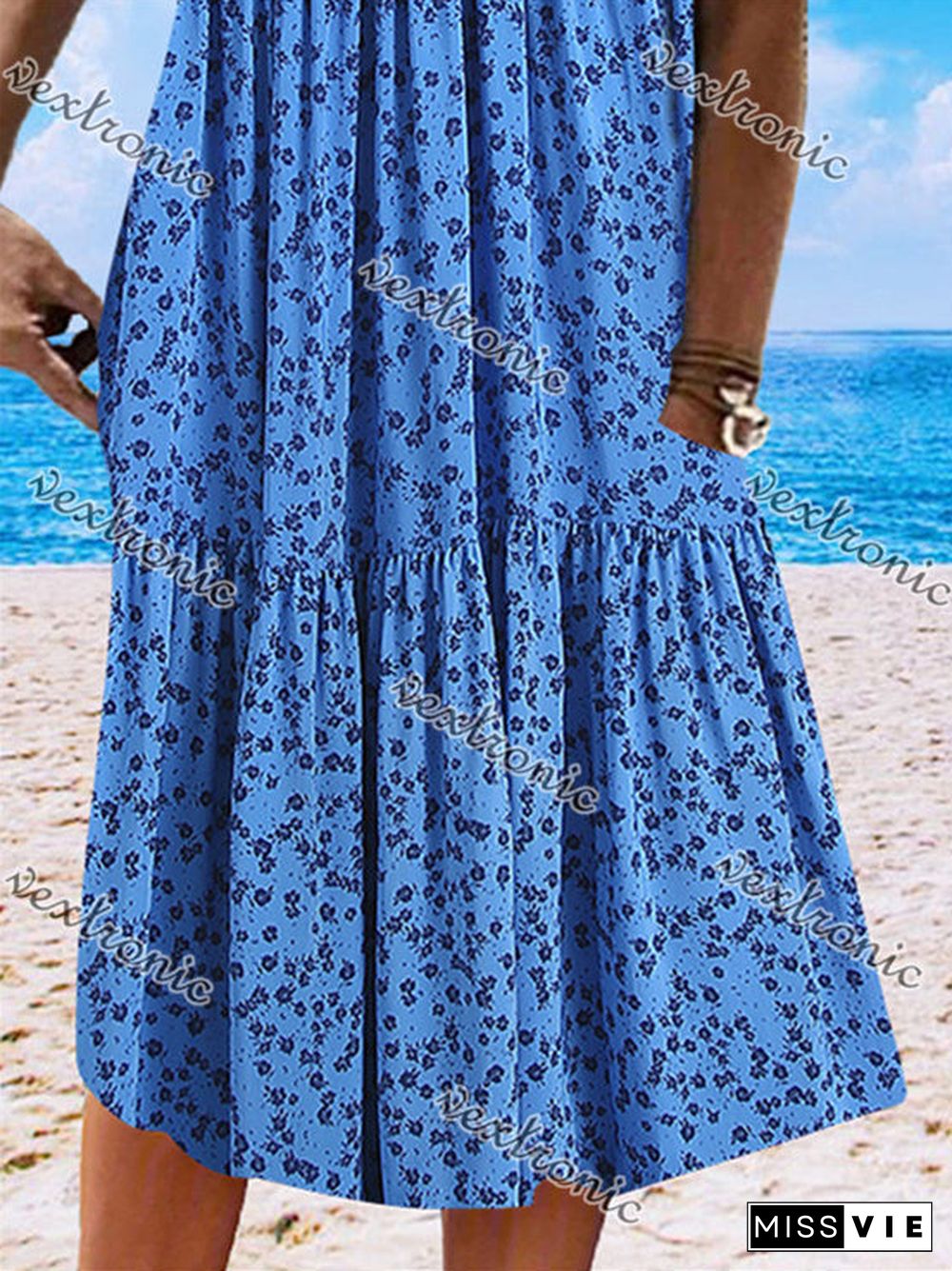 Women's Blue Sleeveless V-neck Graphic Floral Printed Midi Dress