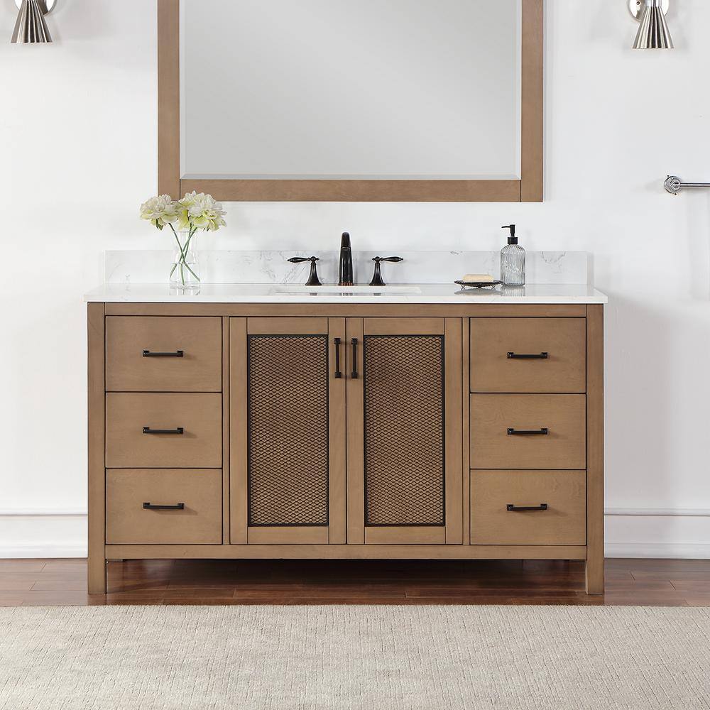 Altair Hadiya 60 in. W x 22 in. D x 34 in. H Bath Vanity in Brown Pine with Carrara White Composite Stone Top 542060S-BR-AW-NM