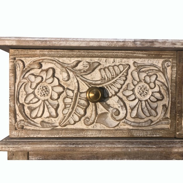 2 Drawer Mango Wood Console Table With Floral Carved Front Brown white The Urban Port