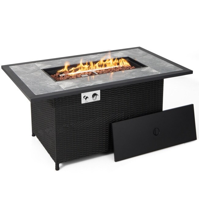 52 Inch Rattan Wicker Propane Fire Pit Table with Rain Cover and Lava Rock Black   52\