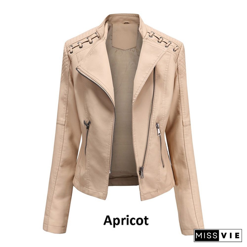 New Autumn Women Leather Slim Stand-up Collar Jacket Female Zipper Solid Long-sleeved Faux Leather Motorcycle Coat