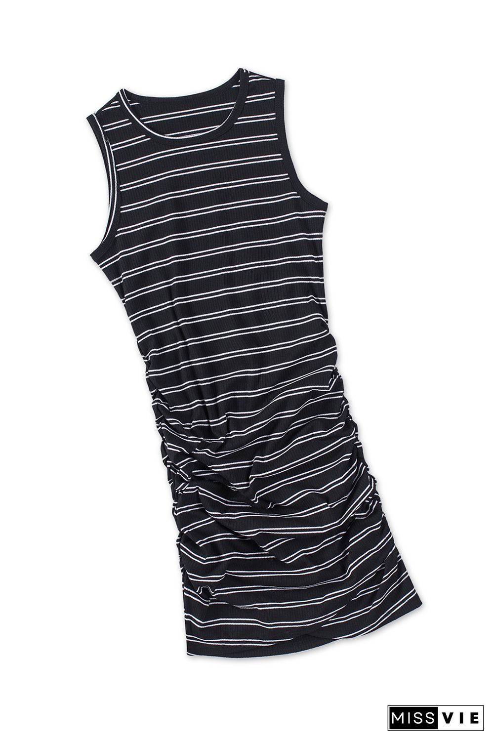 Black Striped Print Crew Neck Tank Mini Dress