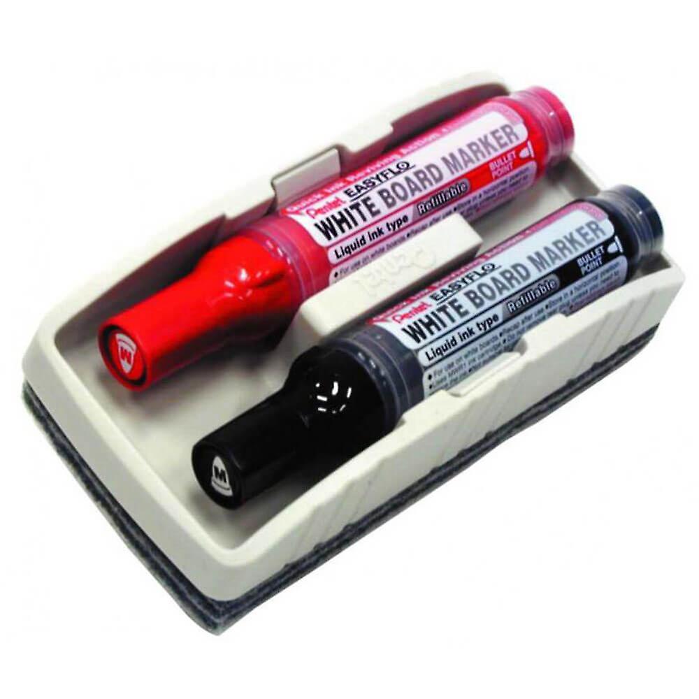 Pentel Easyflo Whiteboard Marker and Eraser Set (Red and Black)